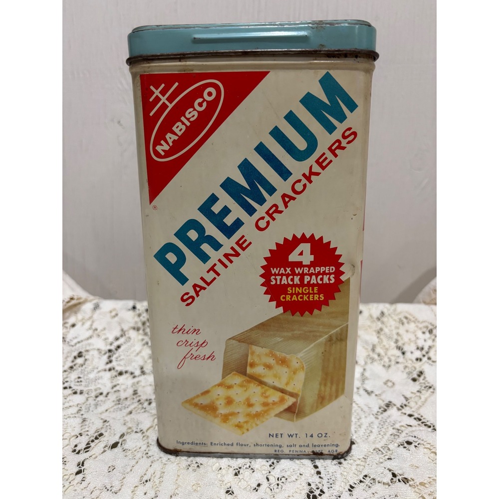Vintage Nabisco Premium Saltine Crackers Tin Bilingual English Spanish 14 oz